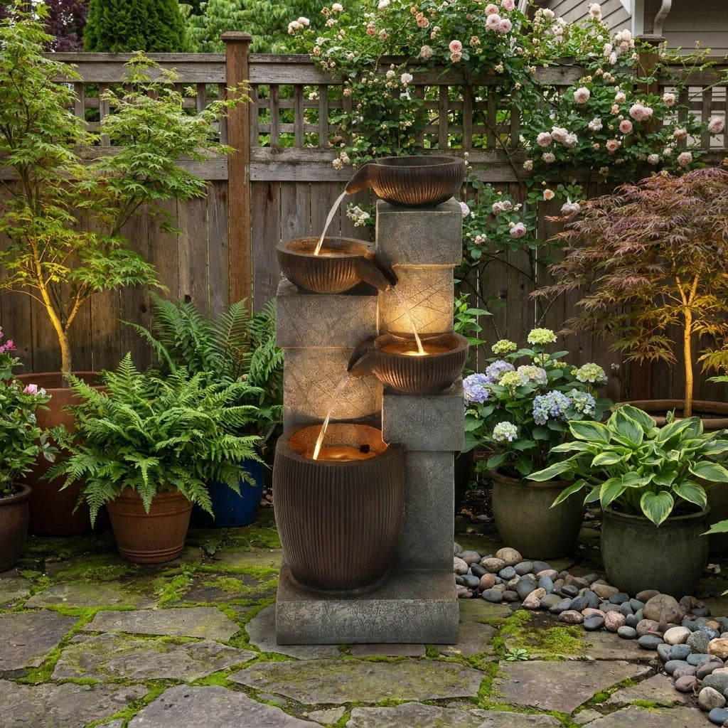 Four Tier Cascading Water Fountain With LED Lights