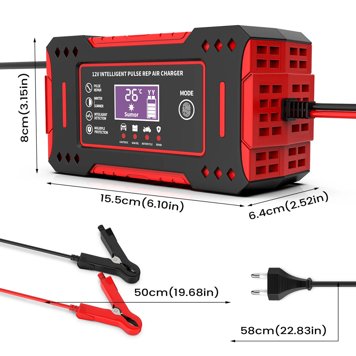 Intelligent 12V 6A Car Battery Charger With LCD Display