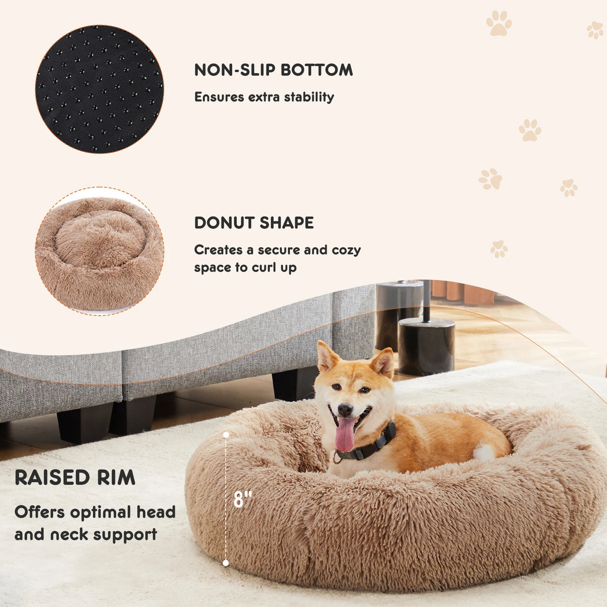 JHK Calming Round Plush Faux Fur Dog Bed