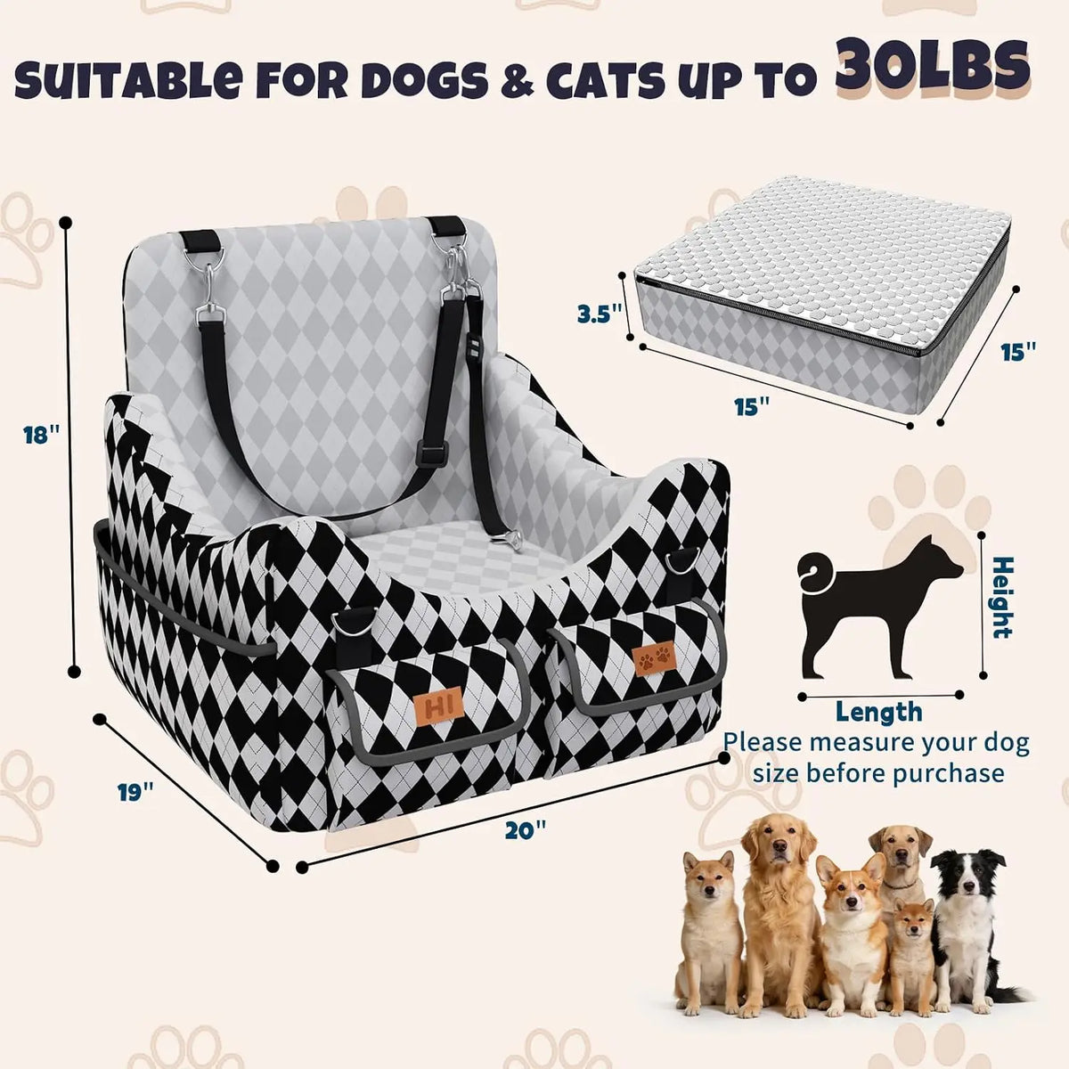 Lightweight Memory Foam Dog Car Seat With Safety Strap