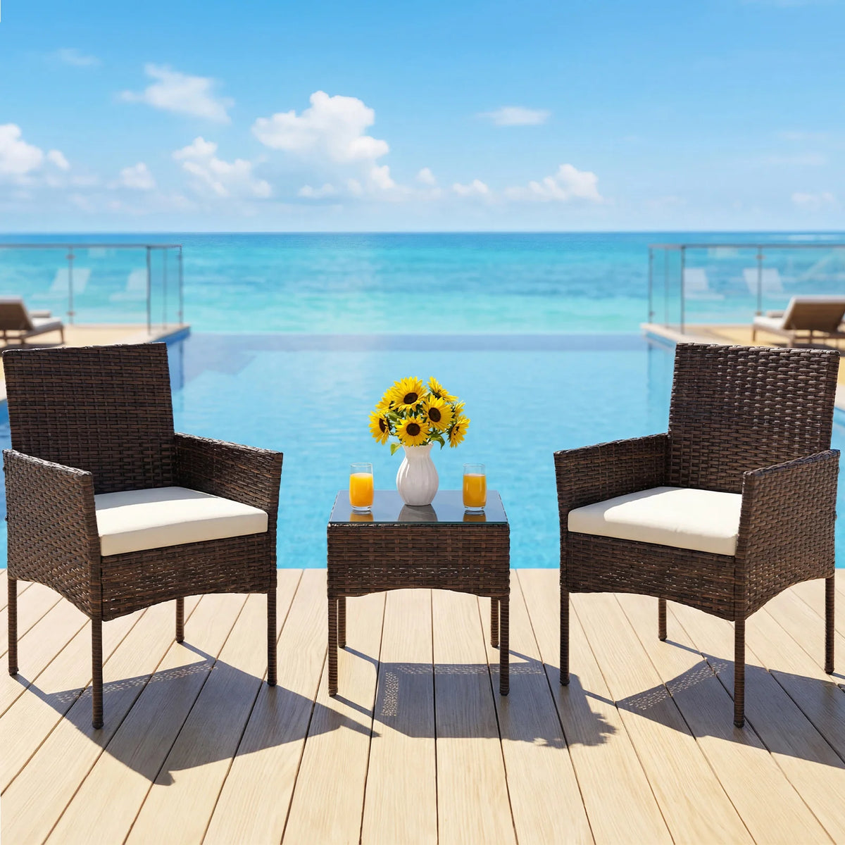 JHK Outdoor Wicker Bistro Set With Glass Table