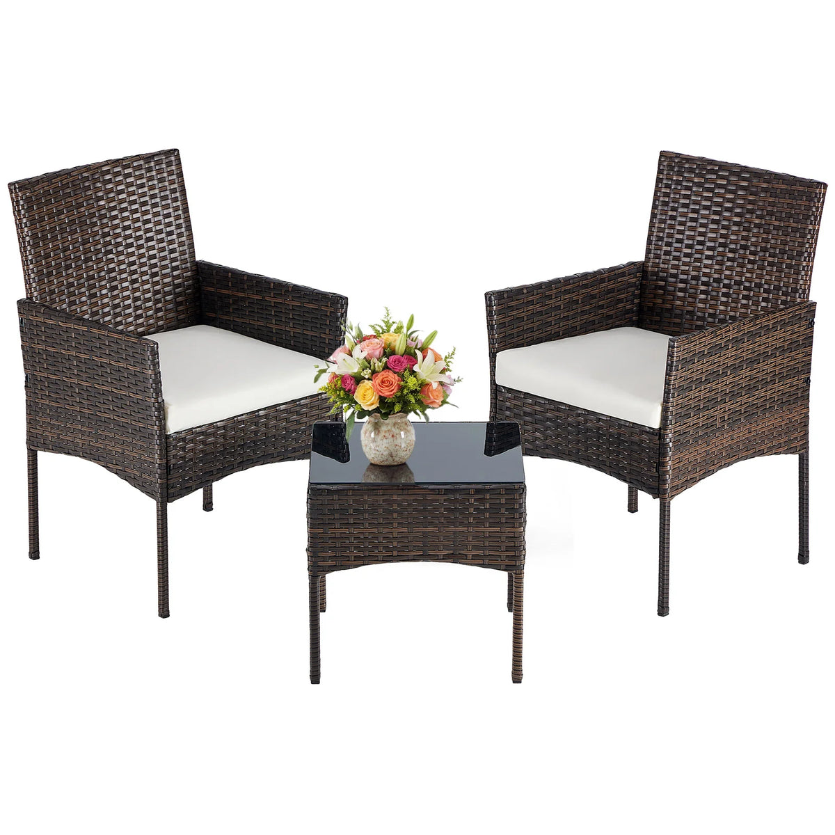 JHK Outdoor Wicker Bistro Set With Glass Table