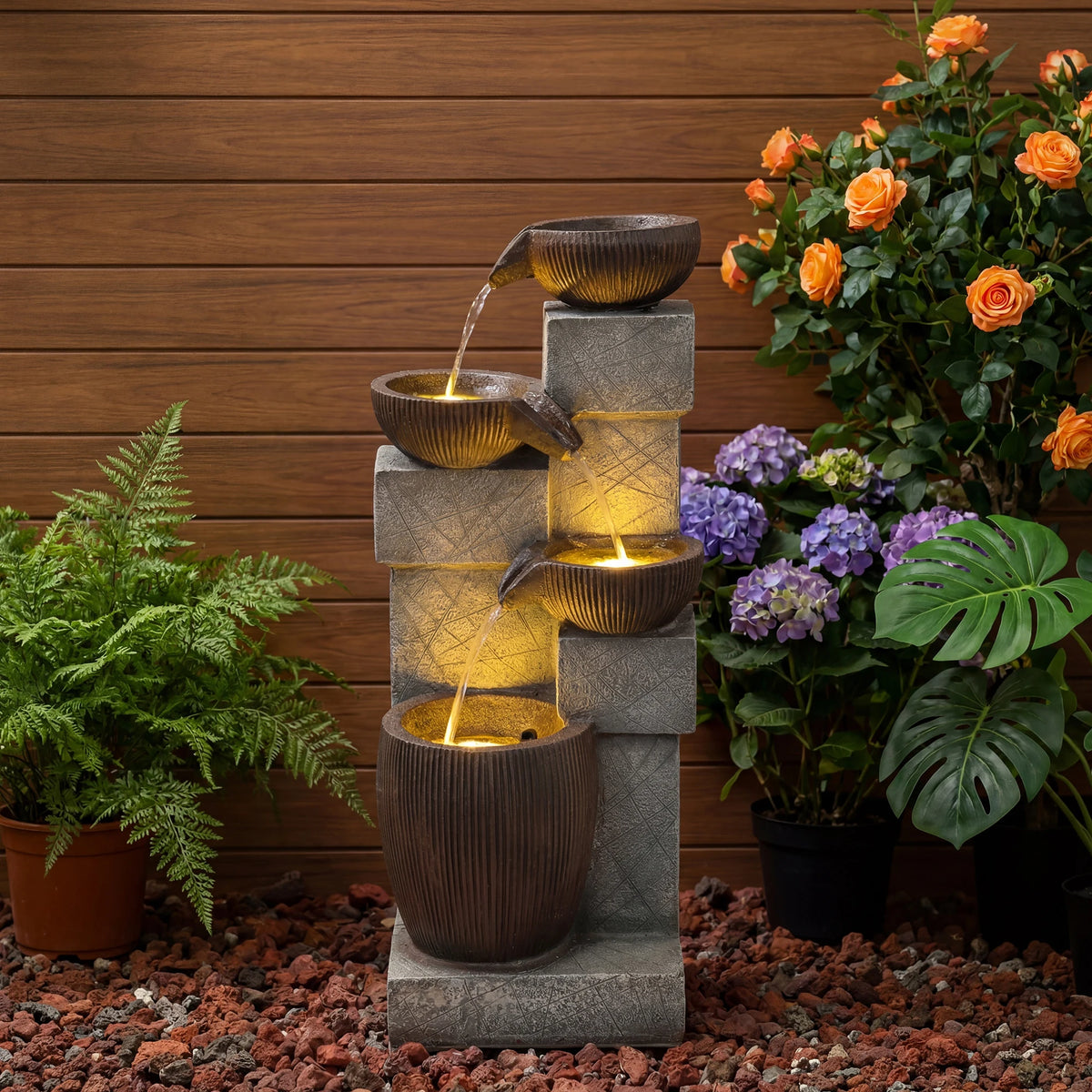 Four Tier Cascading Water Fountain With LED Lights
