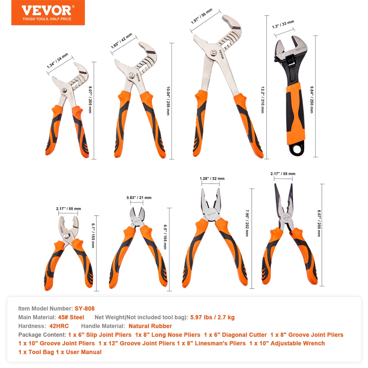 SucceBuy 8 Piece Pliers Set with Adjustable Wrench