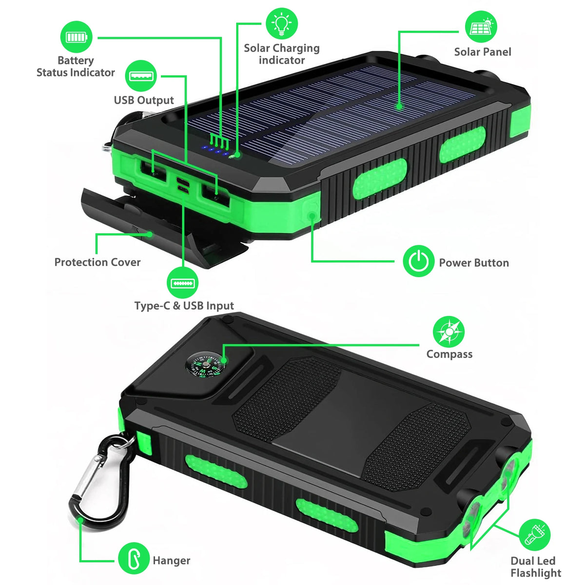 Waterproof 30000mAh Solar Power Bank With Led Flashlight