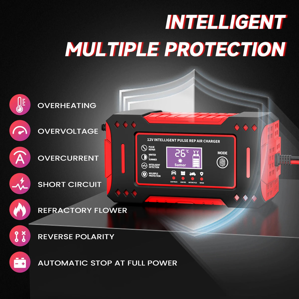 Intelligent 12V 6A Car Battery Charger With LCD Display