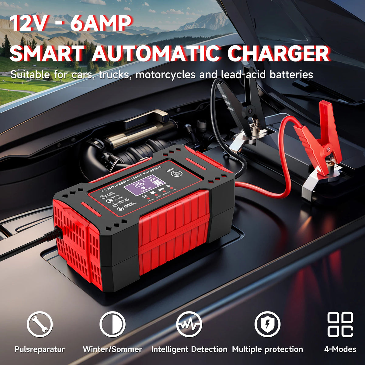 Intelligent 12V 6A Car Battery Charger With LCD Display