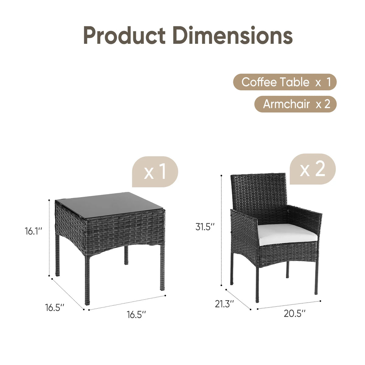 JHK Outdoor Wicker Bistro Set With Glass Table