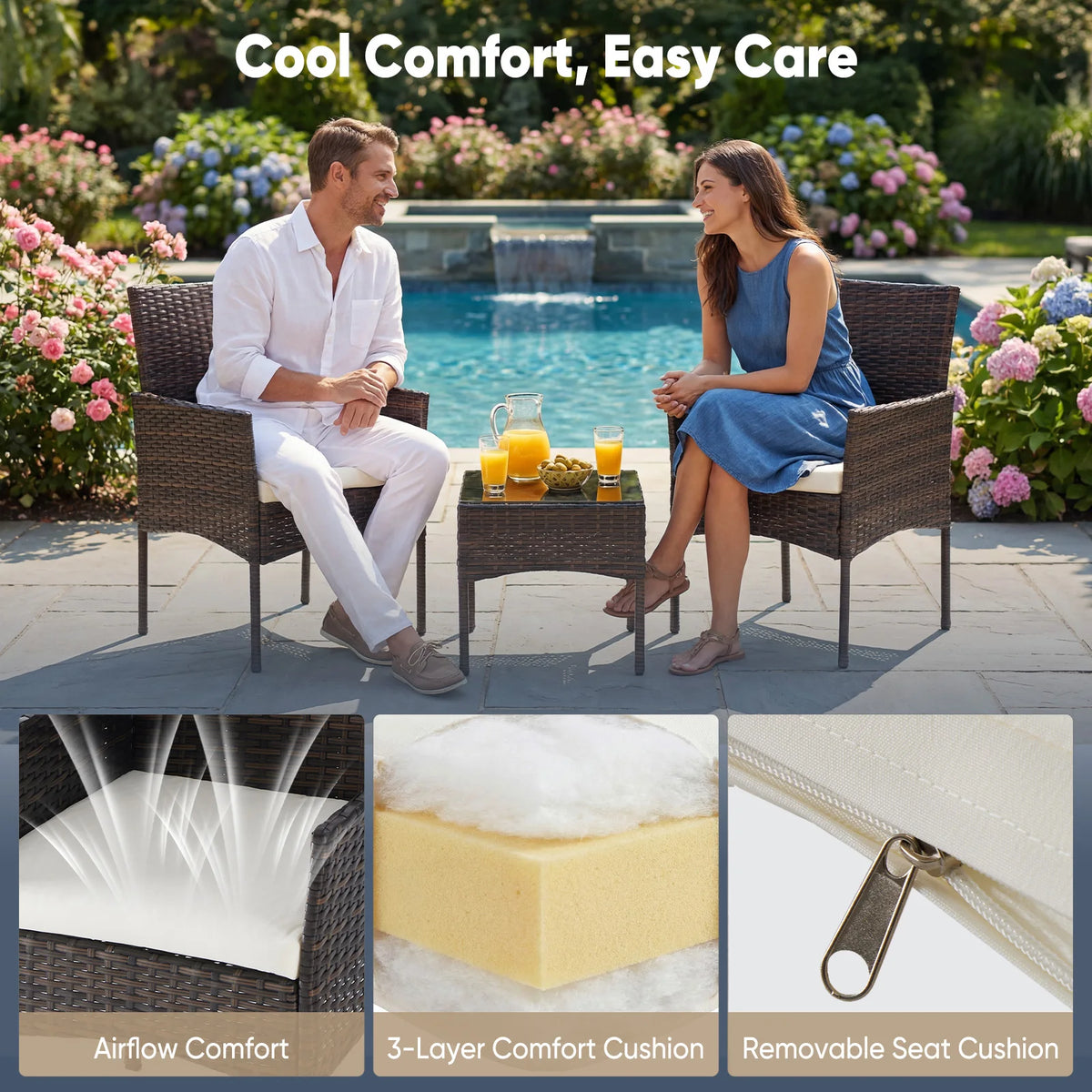 JHK Outdoor Wicker Bistro Set With Glass Table