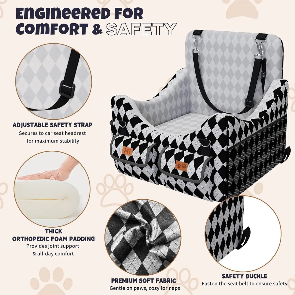 Lightweight Memory Foam Dog Car Seat With Safety Strap